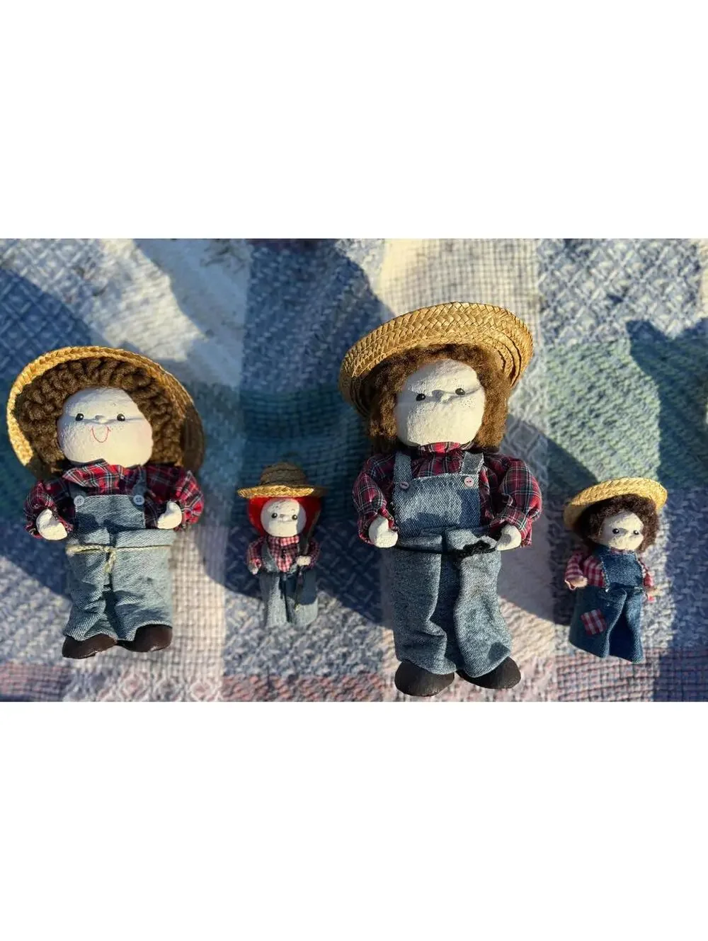 Vintage Set of Four Handmade Farmer Dolls with Straw Hats and Denim Overalls